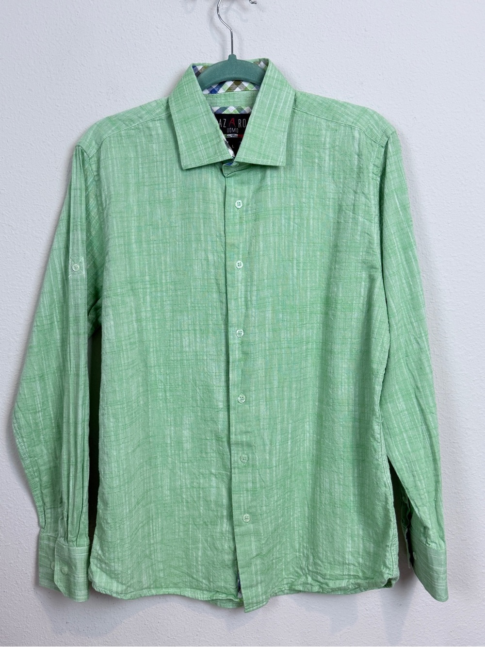 Azaro Uomo Italian Collection Light Green Linen Blend Textured Shirt L
